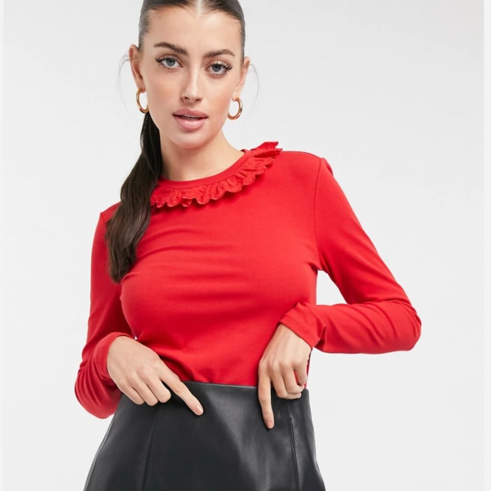 & Other Stories frill neck long sleeve top in Red